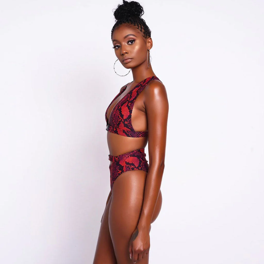 Wild Snake Printed High Waist High Cut Triangle Thong Bikini Set - Red - Image 3