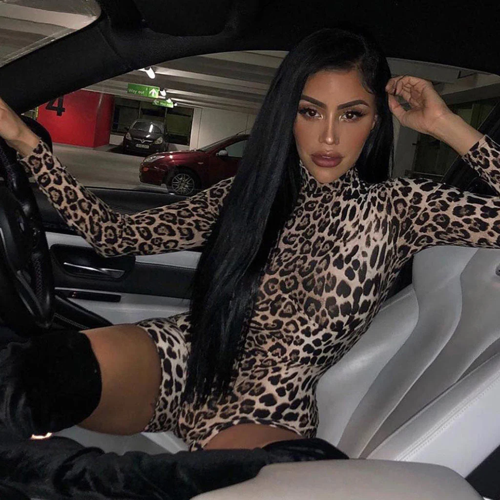 Wild Style Leopard Printed High Neck Long Sleeve Romper - Coffee - Image 2