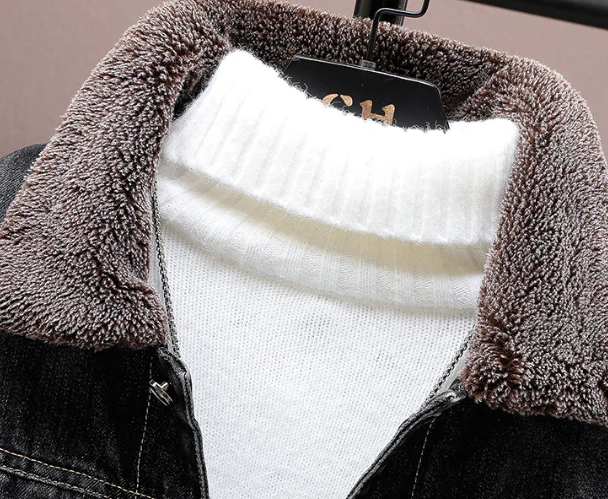 Winter black men's denim jacket - Image 2