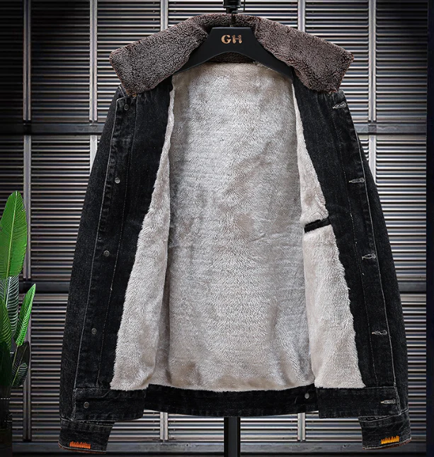 Winter black men's denim jacket - Image 4