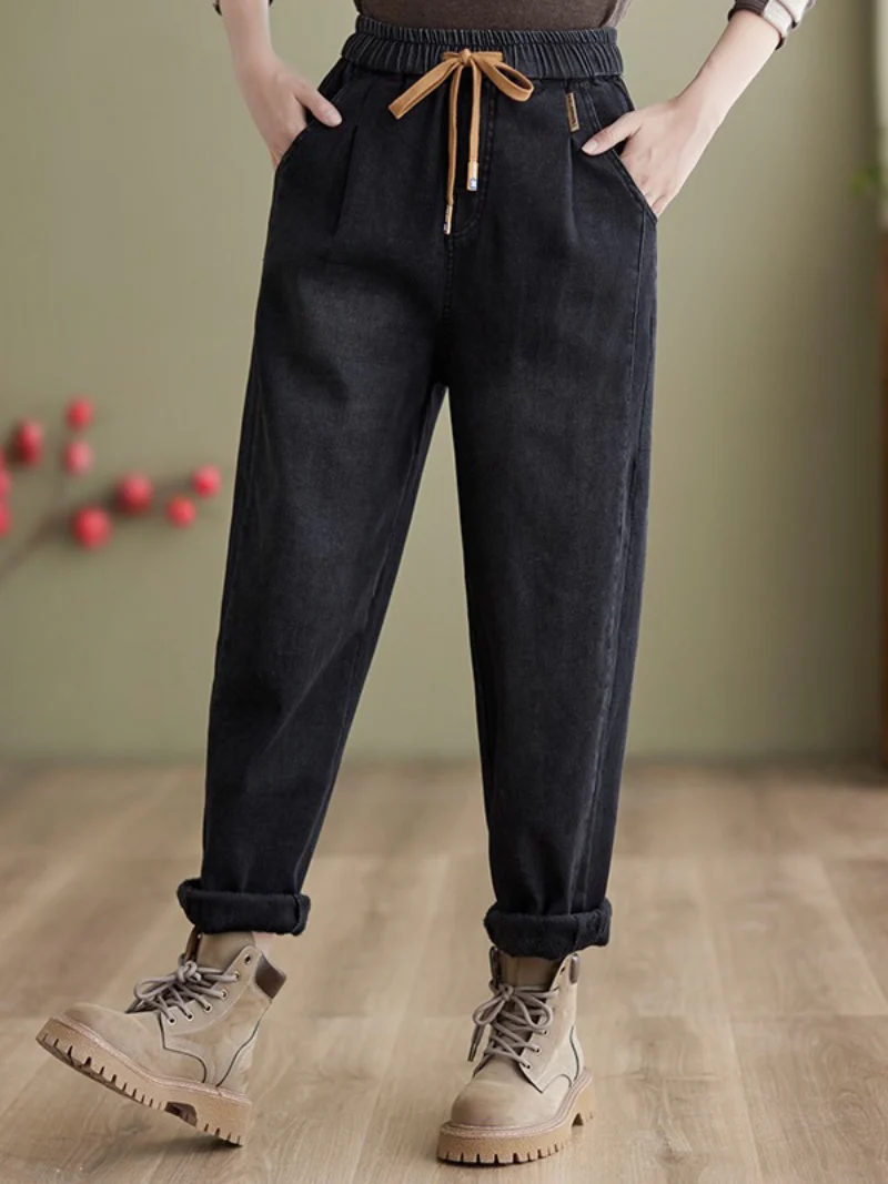 Winter Velvet Thickened Jeans Elastic waist Tied Harem Pants - Image 2