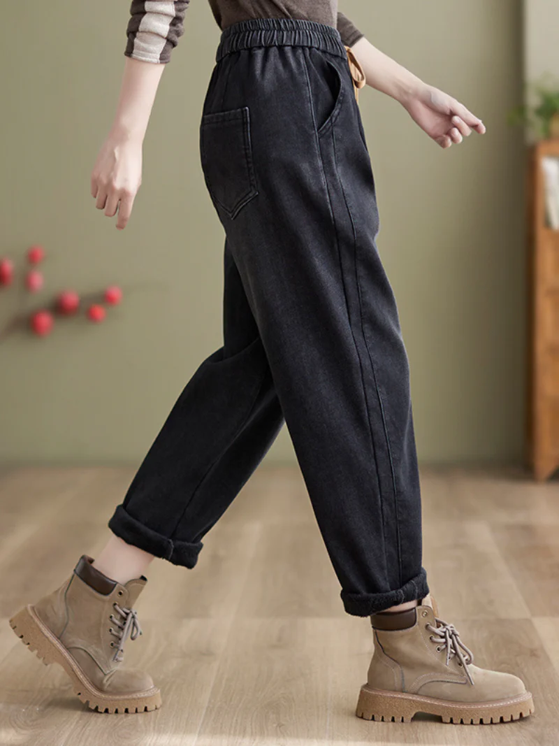 Winter Velvet Thickened Jeans Elastic waist Tied Harem Pants - Image 4
