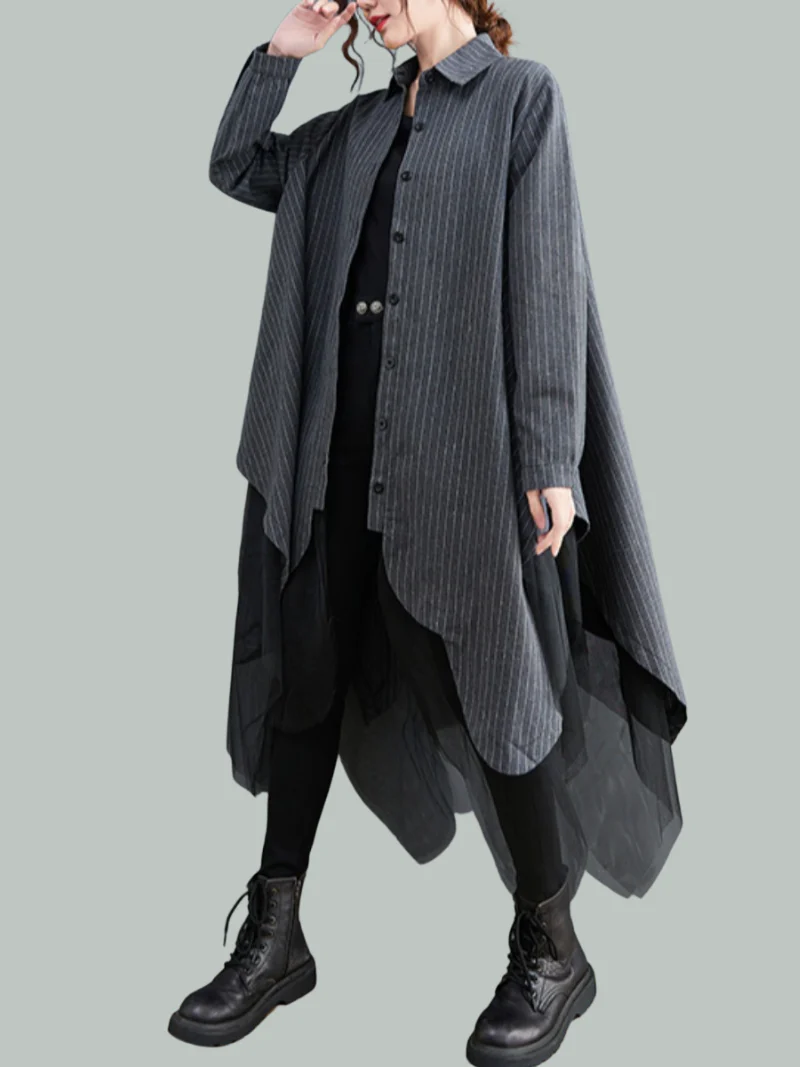 Women Autumn Loose Fashion Striped Mesh Mid-Length Button Shirt Dress - Image 3