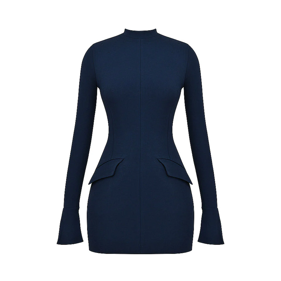 DARK BLUE Mini Dress with Pockets and Long SleeveS - Image 5