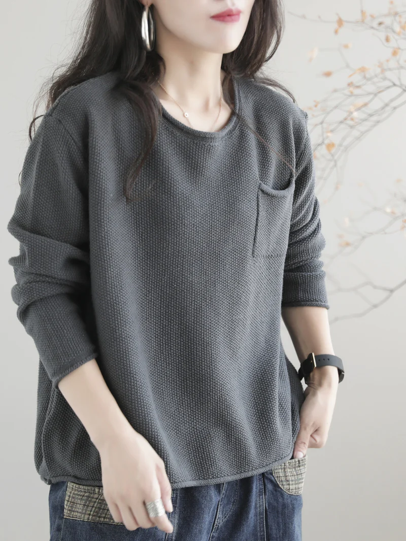 Women Knitted Small Pocket Solid Color Casual Loose Retro Sweater Top - Image 3