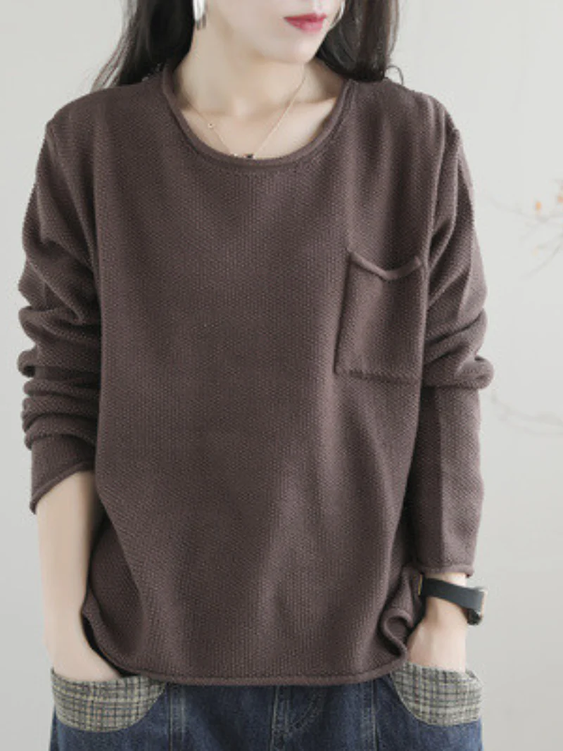 Women Knitted Small Pocket Solid Color Casual Loose Retro Sweater Top - Image 4