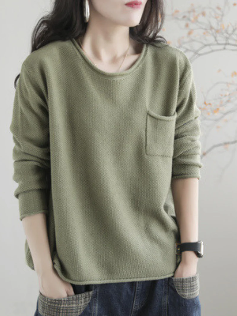 Women Knitted Small Pocket Solid Color Casual Loose Retro Sweater Top - Image 5
