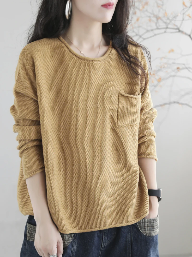 Women Knitted Small Pocket Solid Color Casual Loose Retro Sweater Top - Image 6
