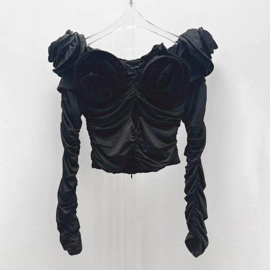 JUNKO FLowER RUCHED Hollow Out Long Sleeve TOP - Image 11