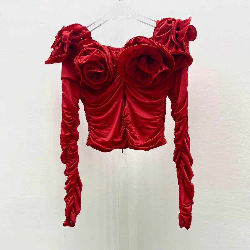 JUNKO FLowER RUCHED Hollow Out Long Sleeve TOP - Image 8