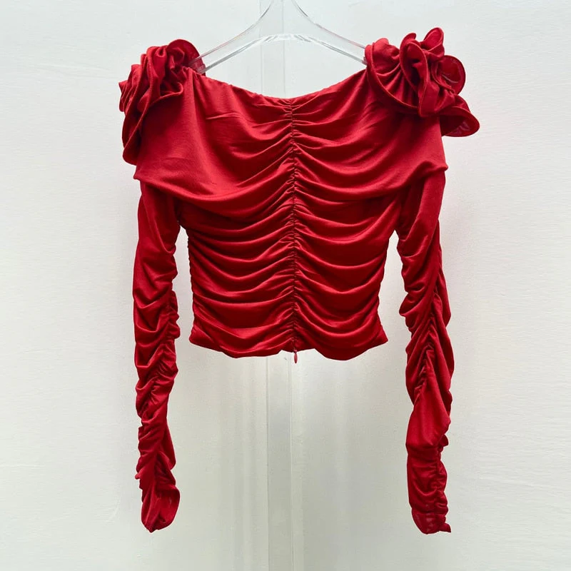 JUNKO FLowER RUCHED Hollow Out Long Sleeve TOP - Image 9