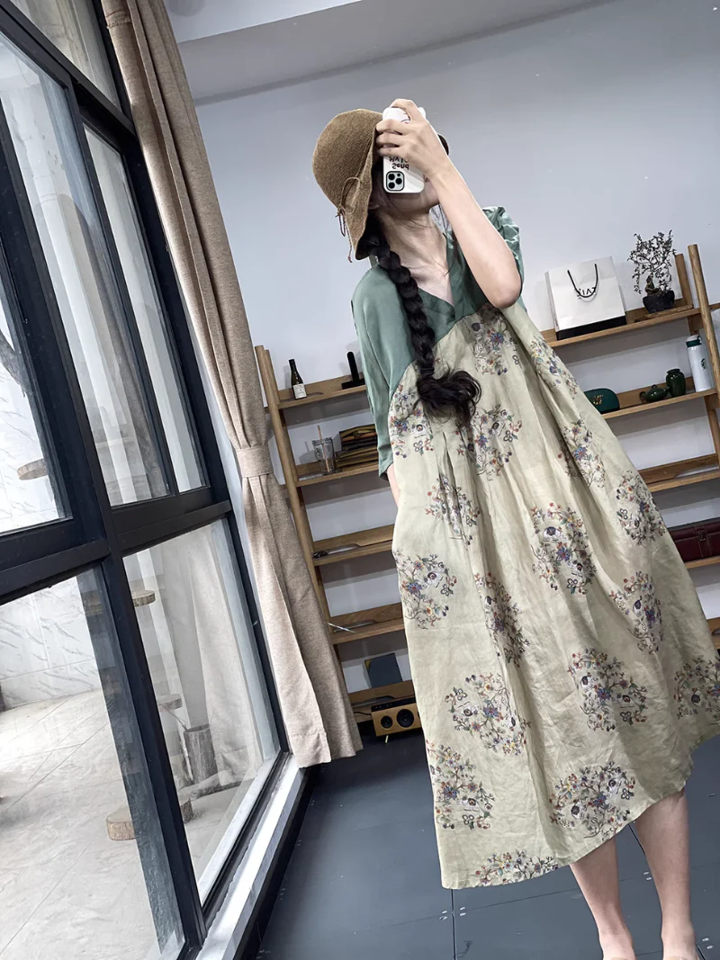 V-neck  Retro Printing A-Line Dress - Image 2