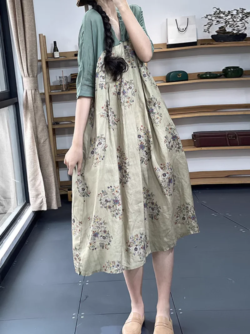 V-neck  Retro Printing A-Line Dress - Image 4