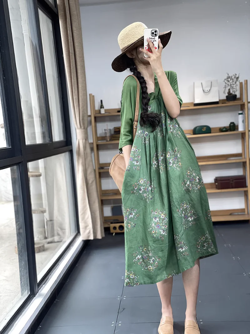 V-neck  Retro Printing A-Line Dress - Image 5