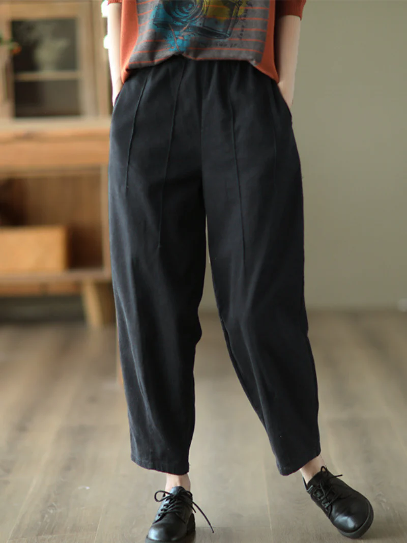 Cotton Elastic Waist Loose Solid Color Casual Harem Pants - Image 11