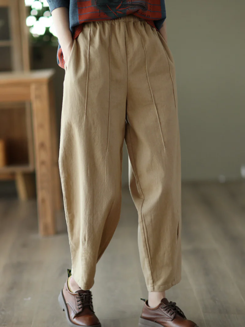 Cotton Elastic Waist Loose Solid Color Casual Harem Pants - Image 3