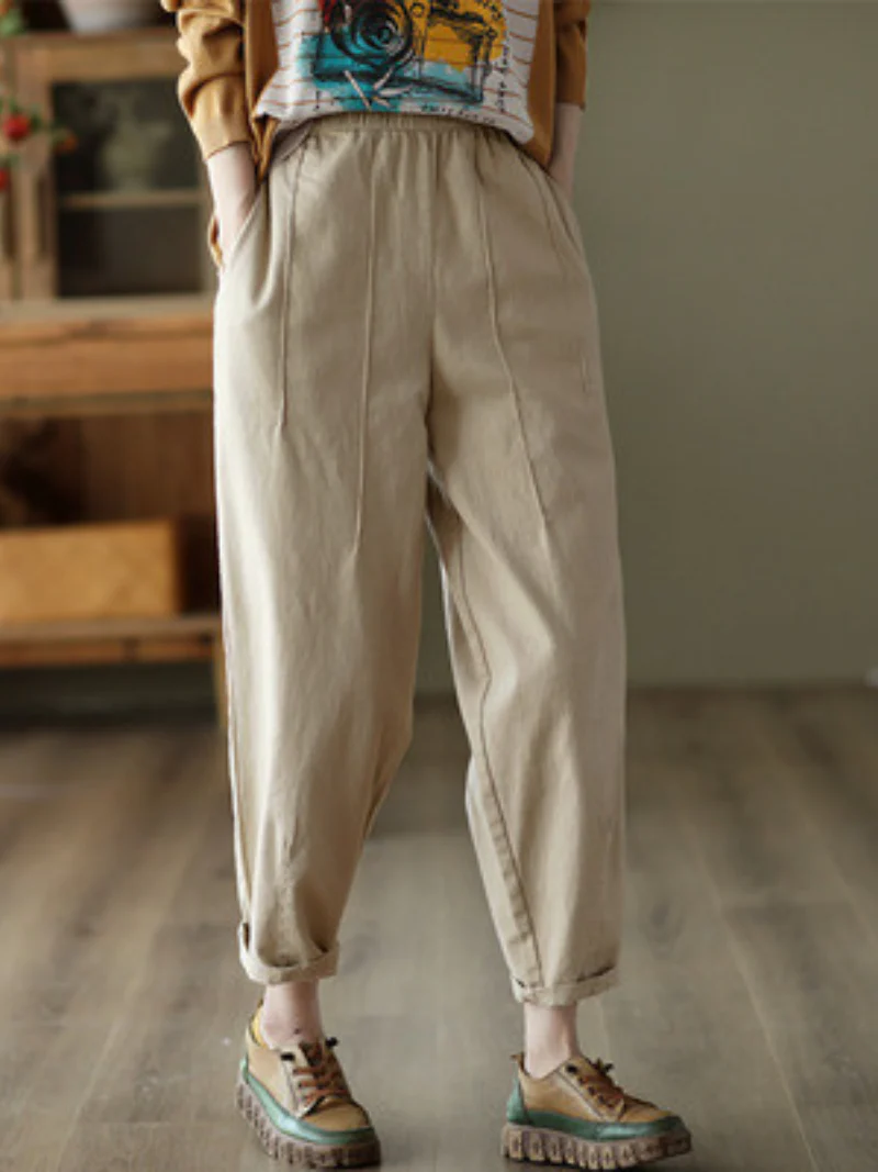 Cotton Elastic Waist Loose Solid Color Casual Harem Pants - Image 4