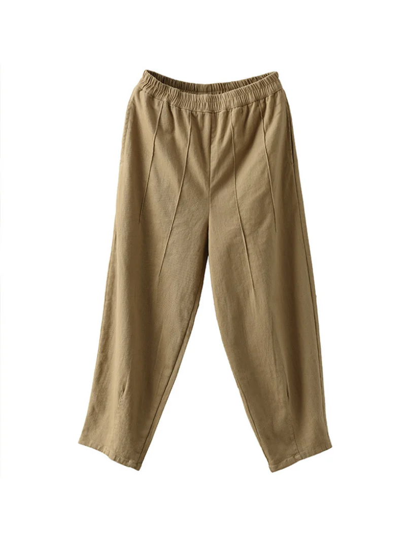 Cotton Elastic Waist Loose Solid Color Casual Harem Pants - Image 5