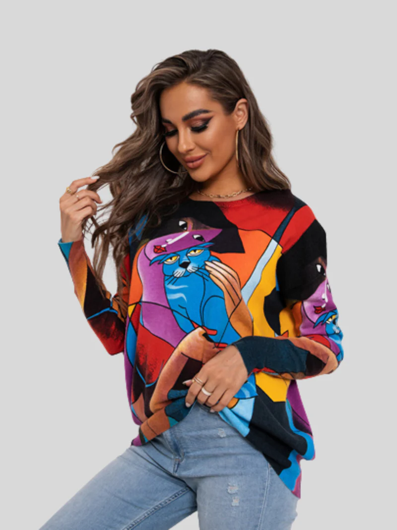 Autumn Winter Round Neck Long-Sleeved Printed Tops - Image 2