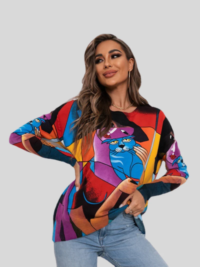 Autumn Winter Round Neck Long-Sleeved Printed Tops - Image 4