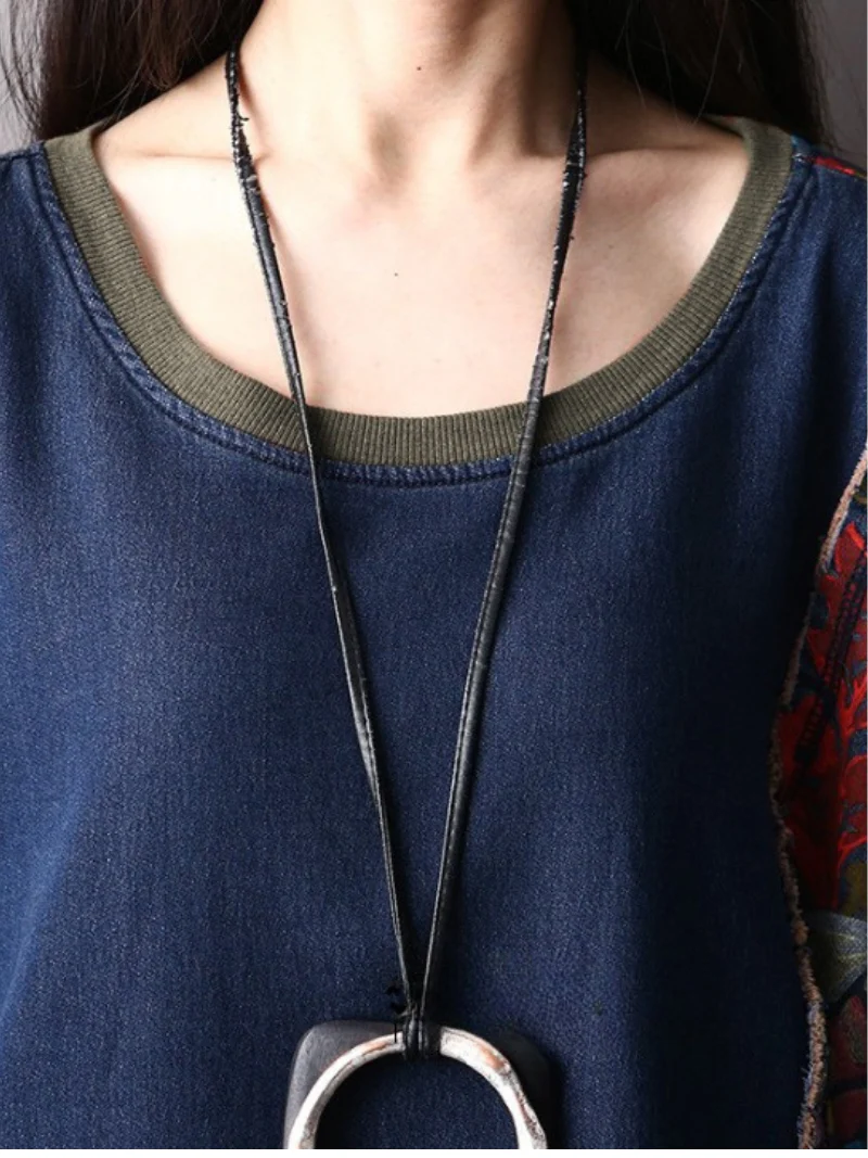 autumn bat sleeve denim large size sweater midi style top dress - Image 2
