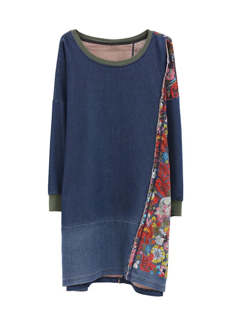 autumn bat sleeve denim large size sweater midi style top dress - Image 4