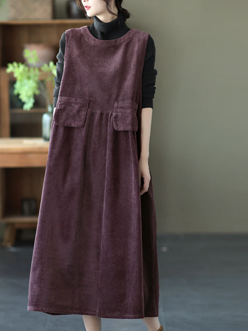 Autumn Corduroy Vest Skirt Loose Sleeveless Strap A-Line Dress - Image 3