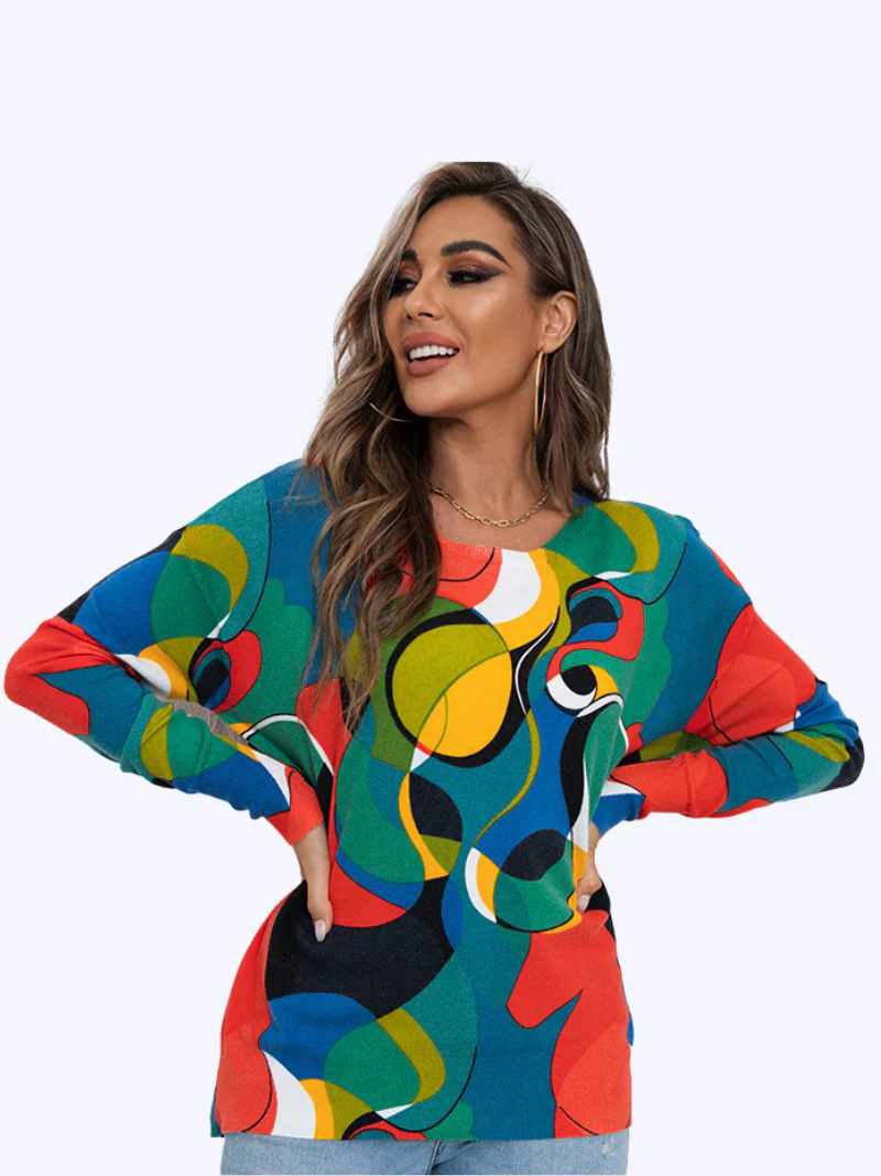 Autumn Large Size Printed Knitted Loose Pullover Round Neck Mid-Length Top - Image 2