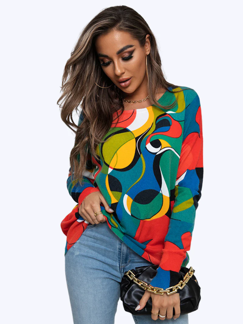 Autumn Large Size Printed Knitted Loose Pullover Round Neck Mid-Length Top - Image 3