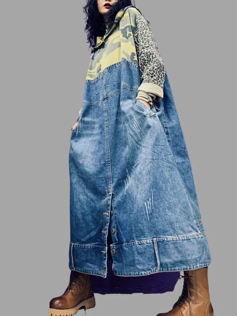 Autumn Print Camouflage Mid-Length Hoodie Denim Dress - Image 3