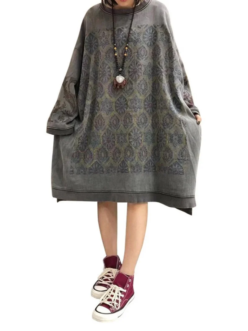 autumn print loose large size mid-length sweater dress - Image 4