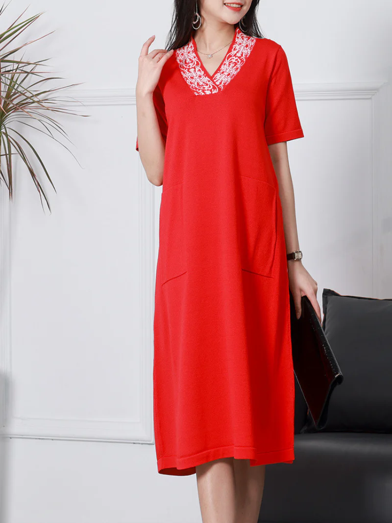 Short-sleeved V-neck Linen Knitted Midi-Dress - Image 6