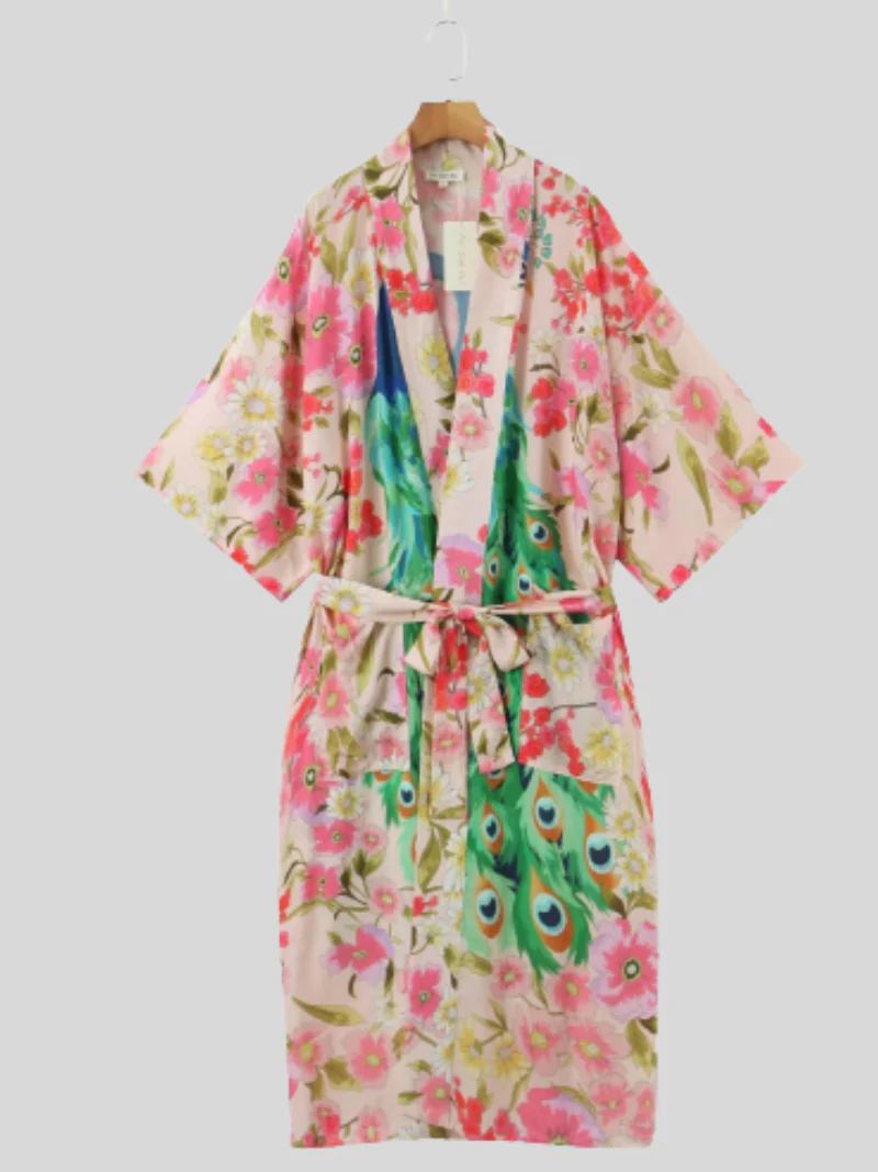 Beautiful Peacock Large Size Print Cardigan Long Kimono Jacket - Image 3
