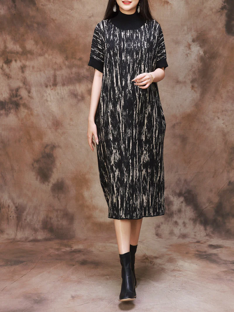 Fashionable Camouflage Half Collar Knitted Midi Dress - Image 2