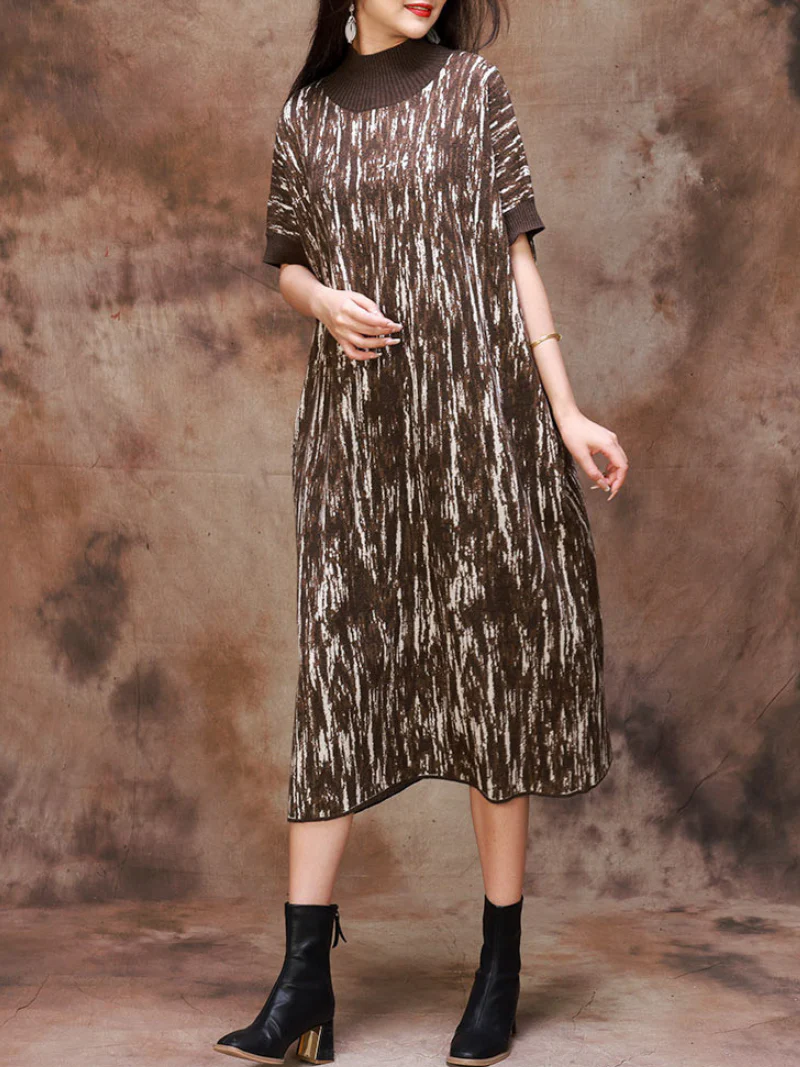 Fashionable Camouflage Half Collar Knitted Midi Dress - Image 5