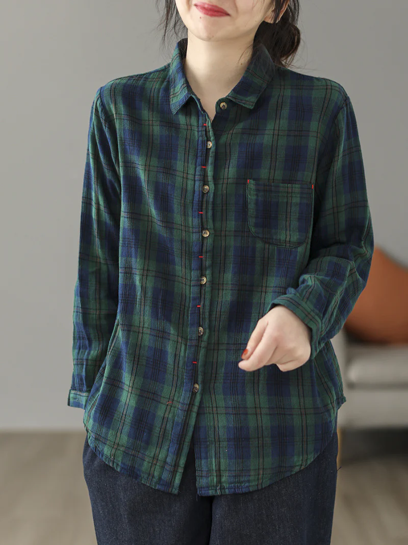Cardigan Loose Cotton Lining Check Pattern Shirt - Image 10