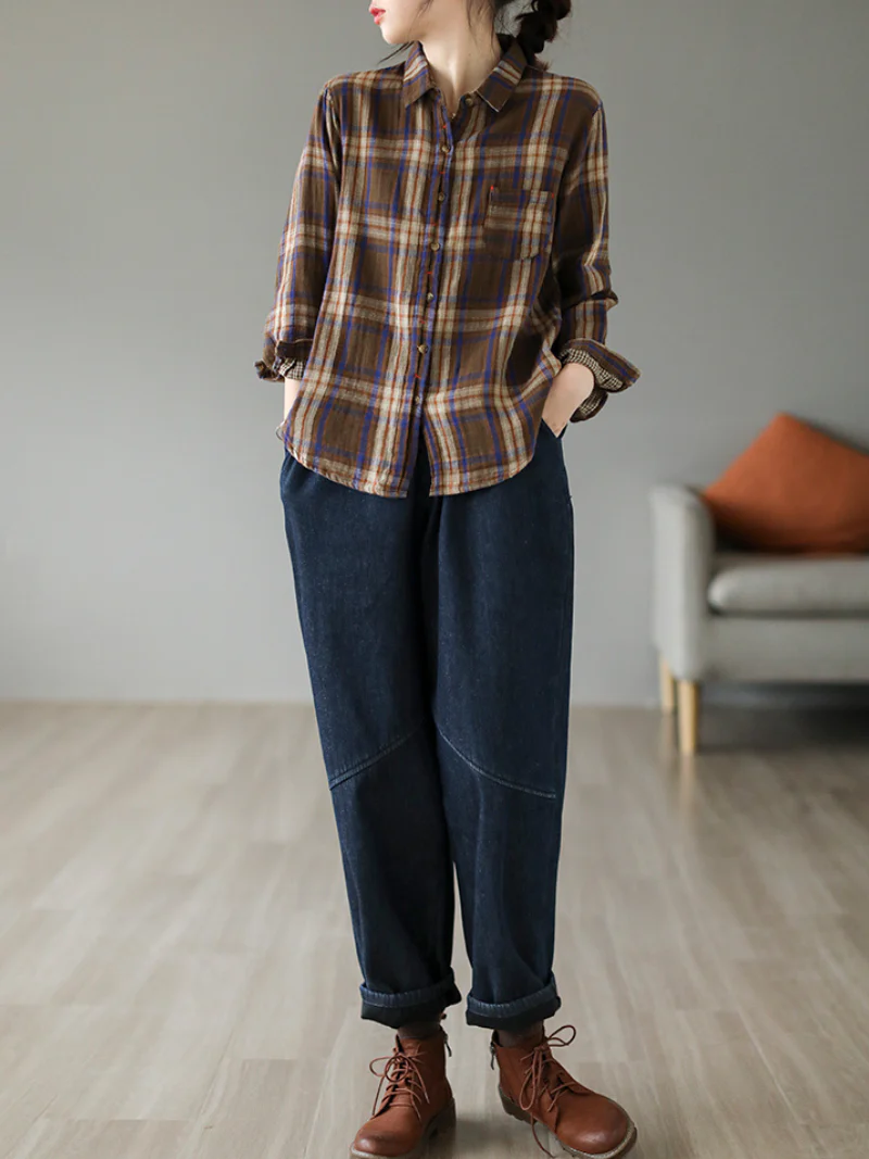 Cardigan Loose Cotton Lining Check Pattern Shirt - Image 2