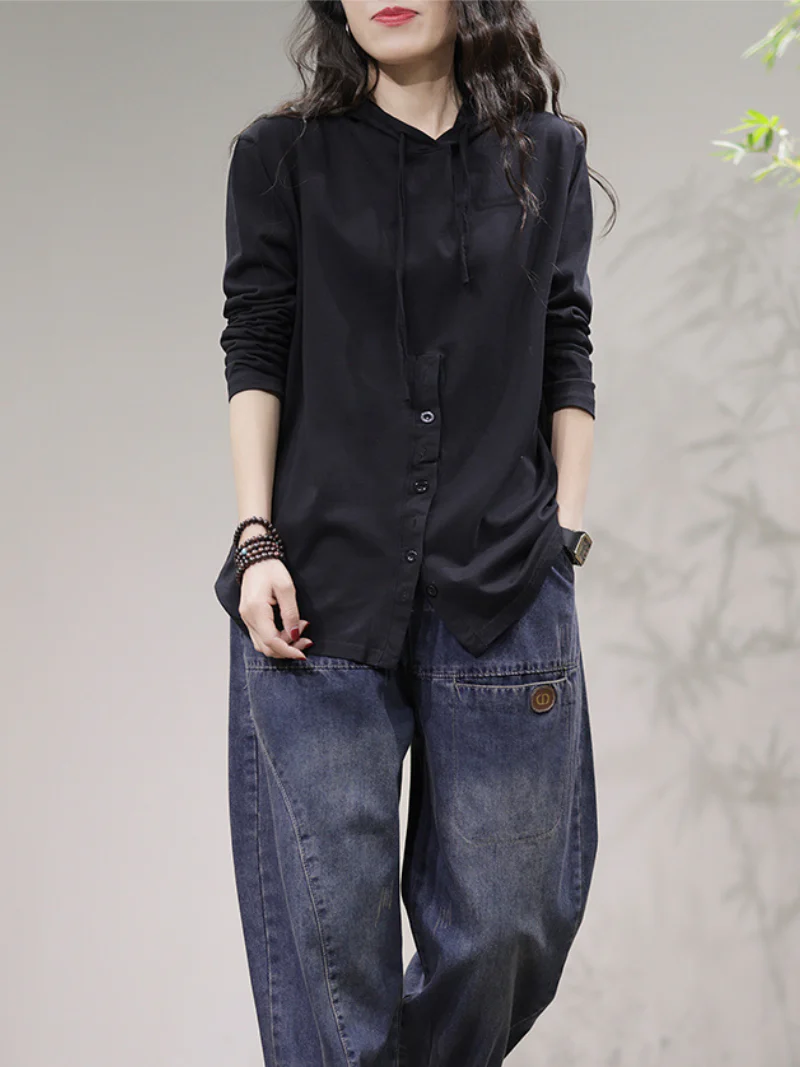 Cardigan Stylish Front Button Long Sleeves Hooded Shirt - Image 11