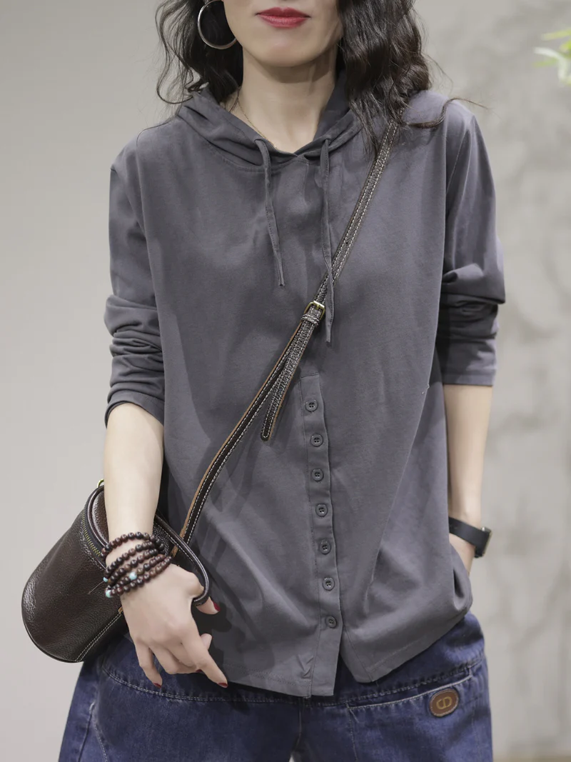 Cardigan Stylish Front Button Long Sleeves Hooded Shirt - Image 2