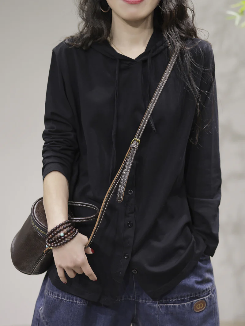 Cardigan Stylish Front Button Long Sleeves Hooded Shirt - Image 4