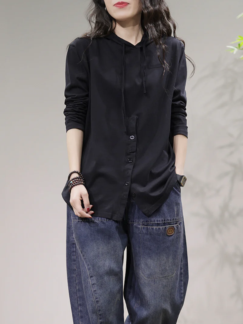 Cardigan Stylish Front Button Long Sleeves Hooded Shirt - Image 7