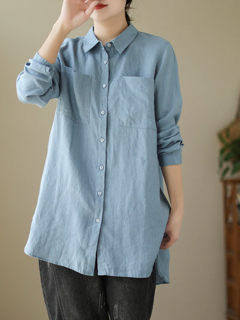 Casual Long-Sleeved Shirt Loose Mid-Length Button Shirt Top With Pocket - Image 2