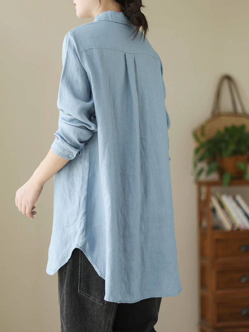 Casual Long-Sleeved Shirt Loose Mid-Length Button Shirt Top With Pocket - Image 4