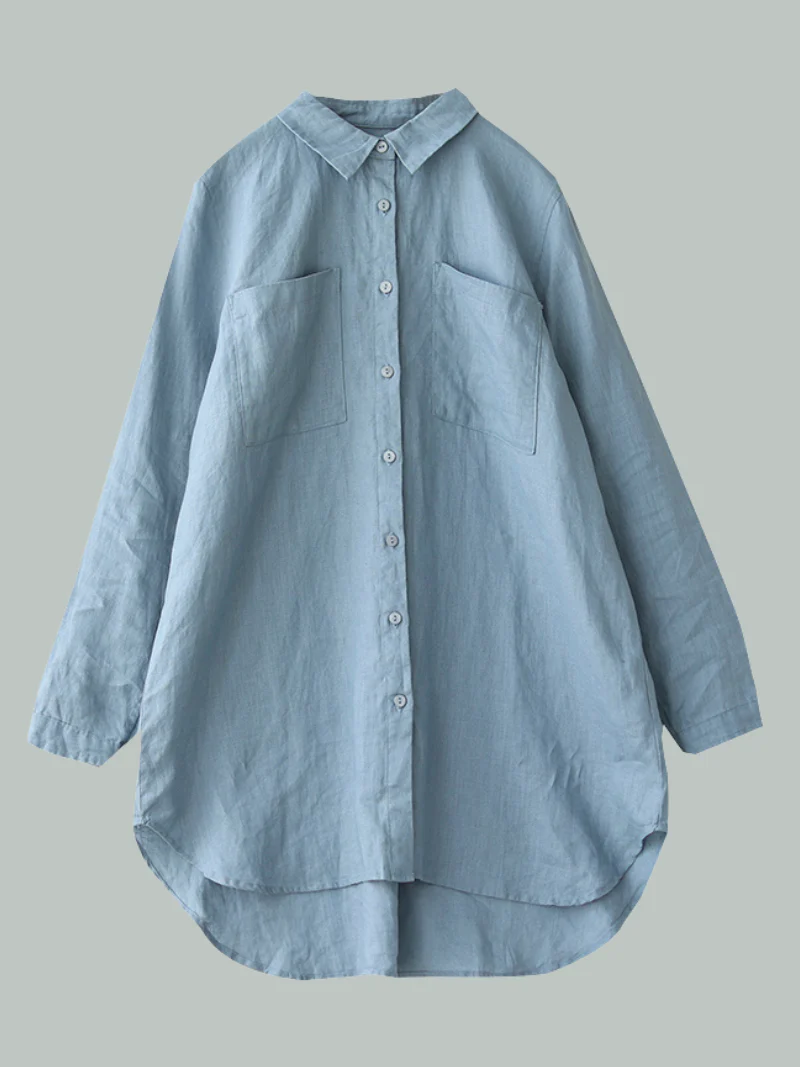 Casual Long-Sleeved Shirt Loose Mid-Length Button Shirt Top With Pocket - Image 5