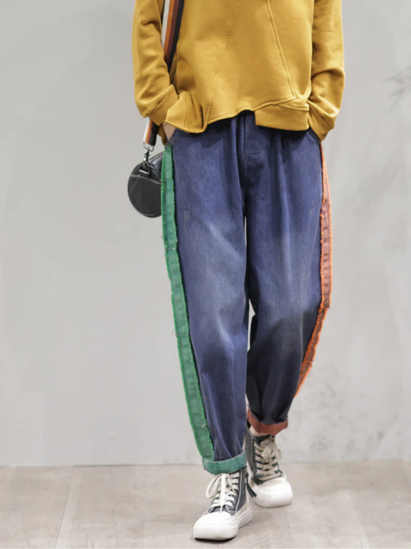 Casual Vintage Loose Fit Patch Denim Bottom Jeans Pants - Image 2