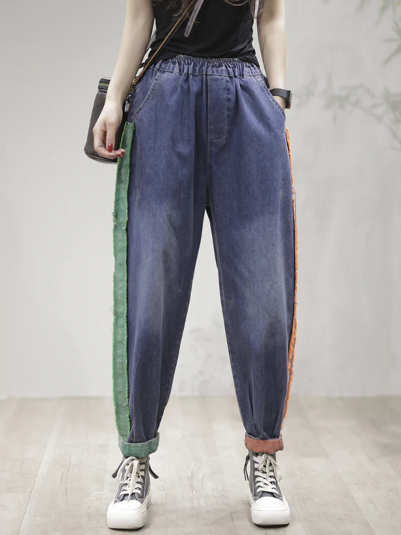 Casual Vintage Loose Fit Patch Denim Bottom Jeans Pants - Image 5