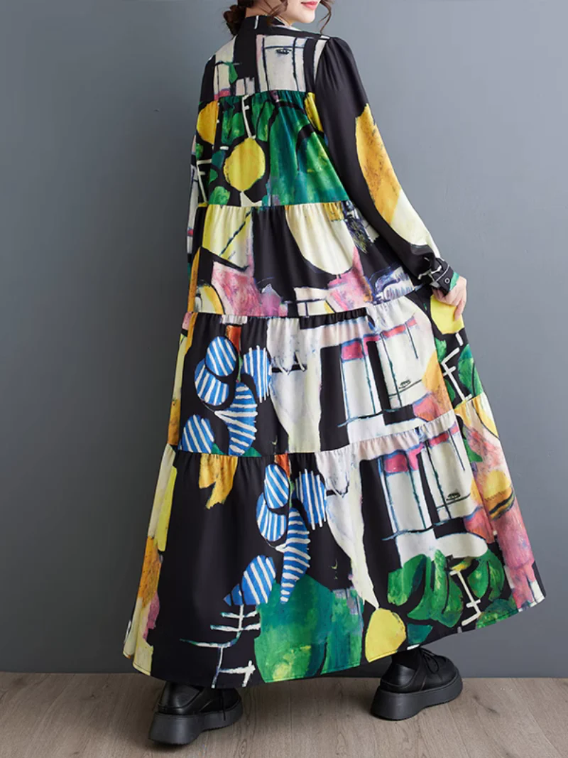 Colorful Loose Large Size Print Mid-Length A-Line Dress - Image 2