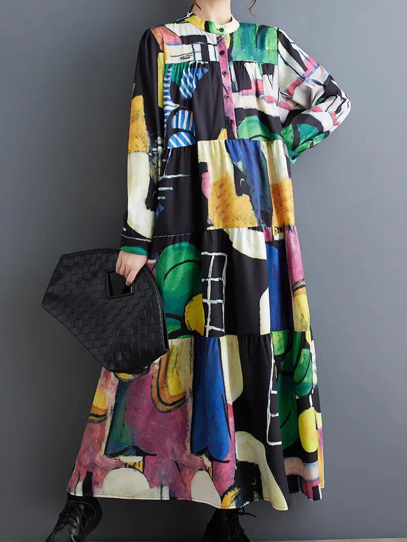 Colorful Loose Large Size Print Mid-Length A-Line Dress - Image 3