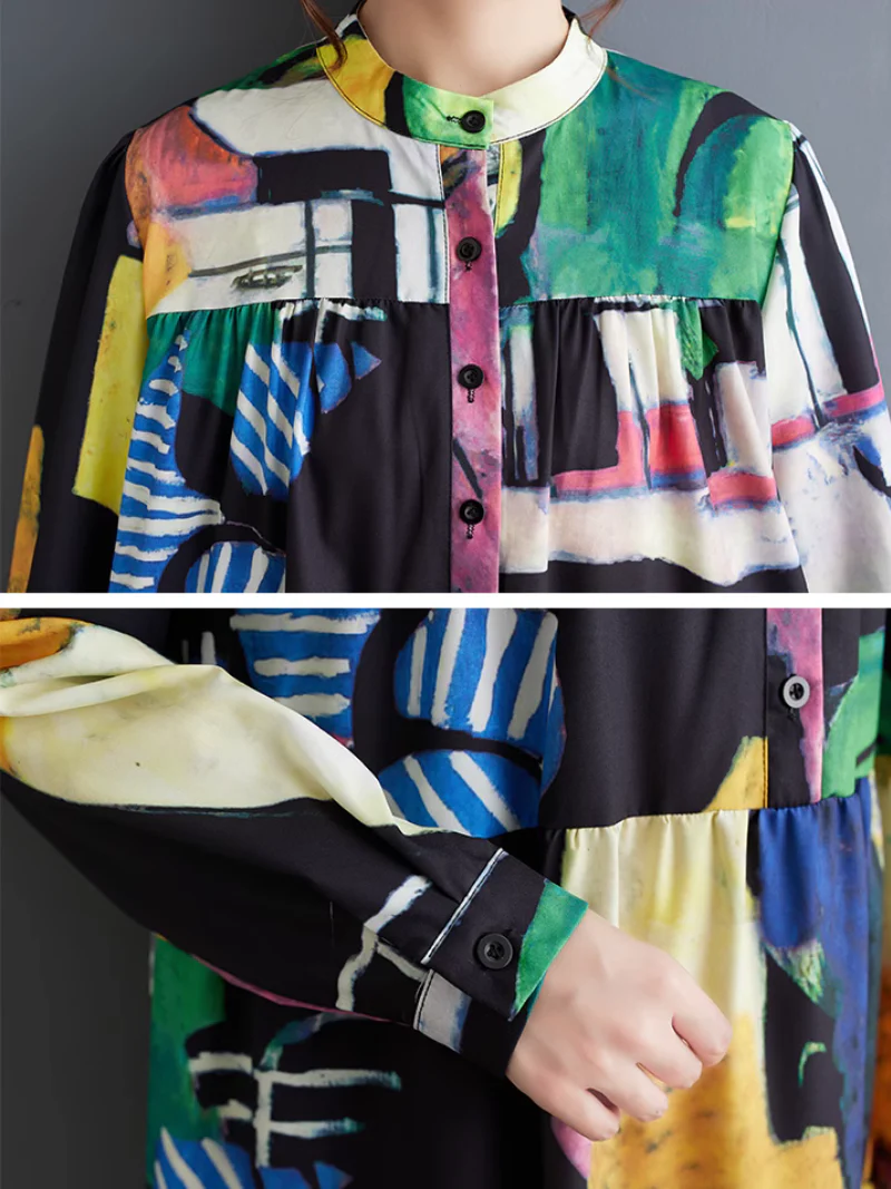 Colorful Loose Large Size Print Mid-Length A-Line Dress - Image 4