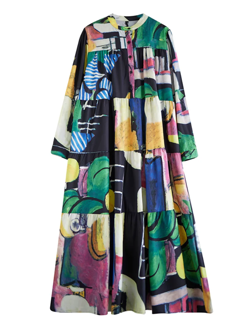 Colorful Loose Large Size Print Mid-Length A-Line Dress - Image 5